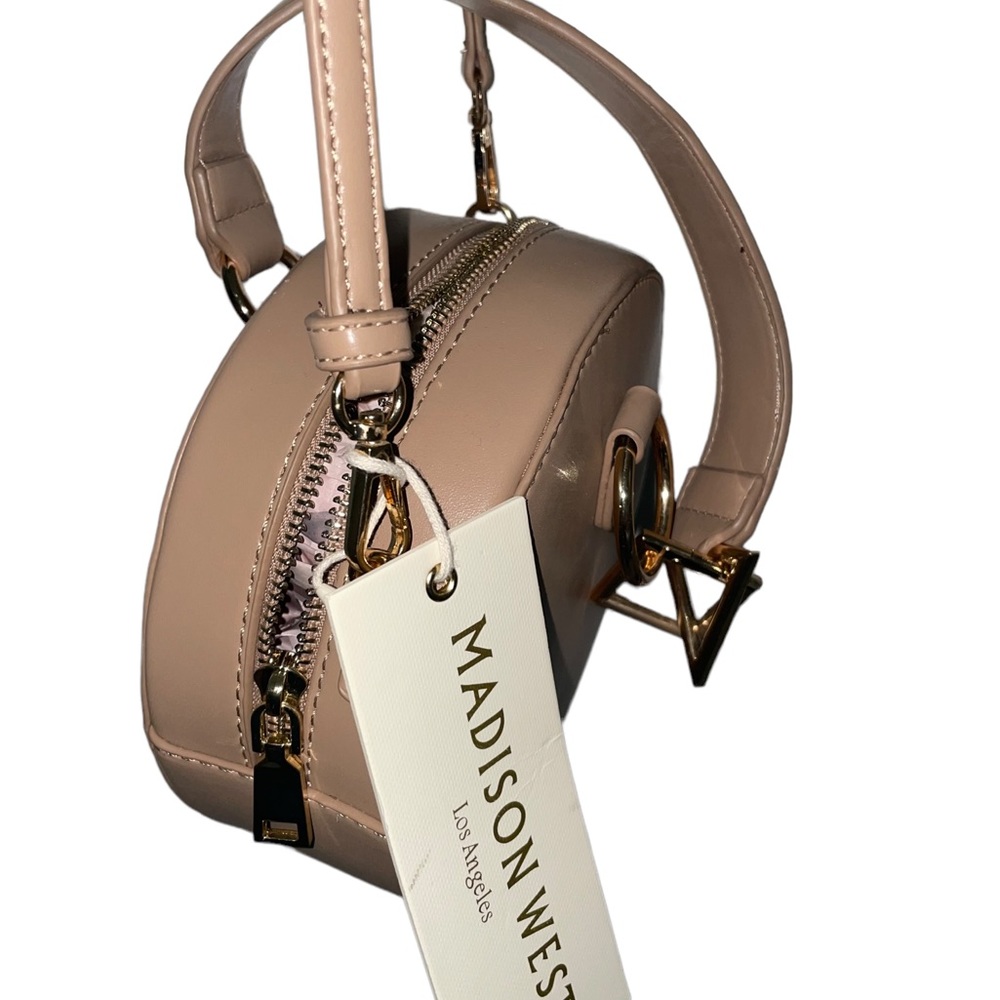 Madison West Round Taupe Hand Bag Crossbody. Color: Beige/Tan Taupe. - Picture 5 of 5